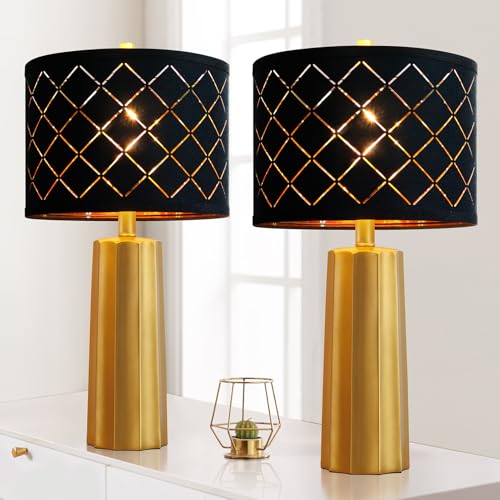 RORIANO Set of 2 Modern Table Lamps for Living Room Bedroom, Gold Nightstand Resin Lamps with Black Grid Shade, Contemporary Desk Lamps for Bedside End Tables, 2 Bulbs Included (Gold)