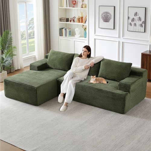 Image of 96 inch Modular Sectional Sofa, Modern Corduroy Cloud Couch, Boneless Couch Upholstered 3-Seater L-Shaped Sofa for Living Room, No Assembly Required (Green, Left-Facing Chaise)
