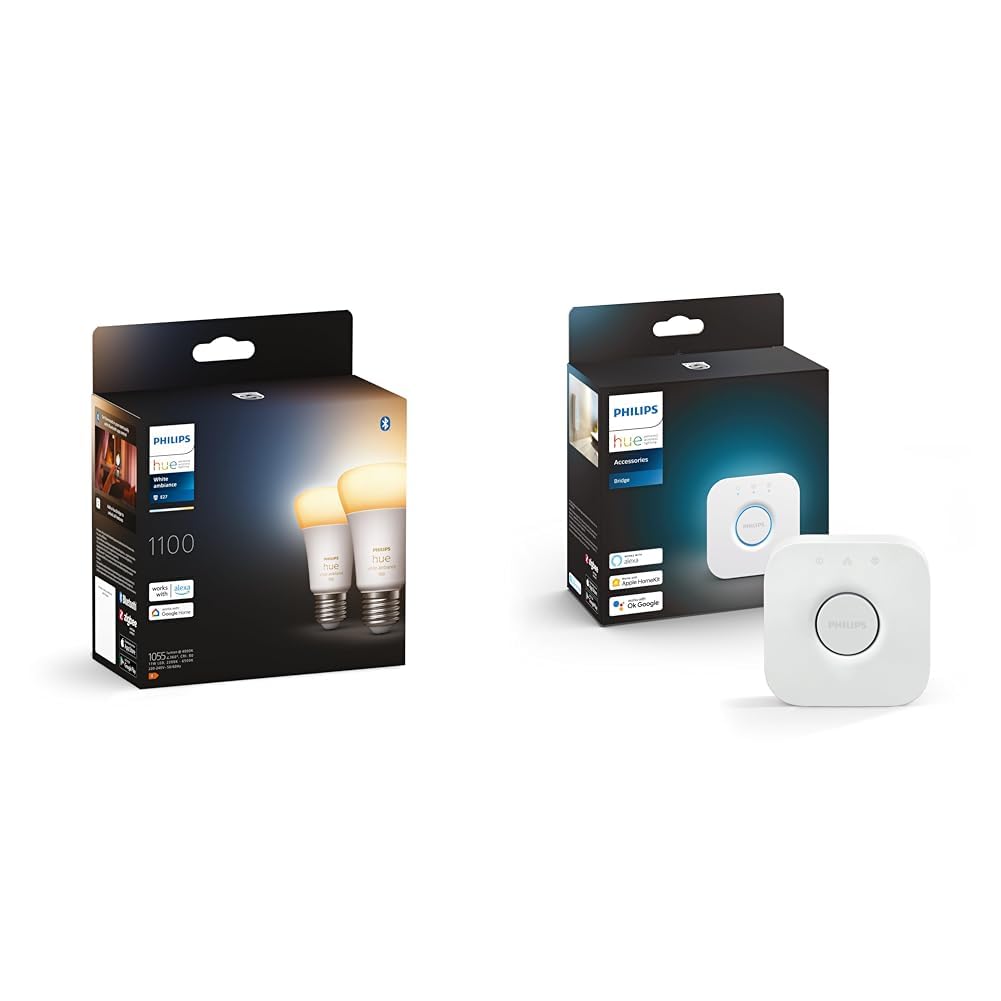 Philips Hue White Ambiance, ampoule LED connectée E27 équivalent 75W & Bridge 2.0, Pont de connexion, fonctionne avec Alexa, Google Assistant et Apple HomeKit
