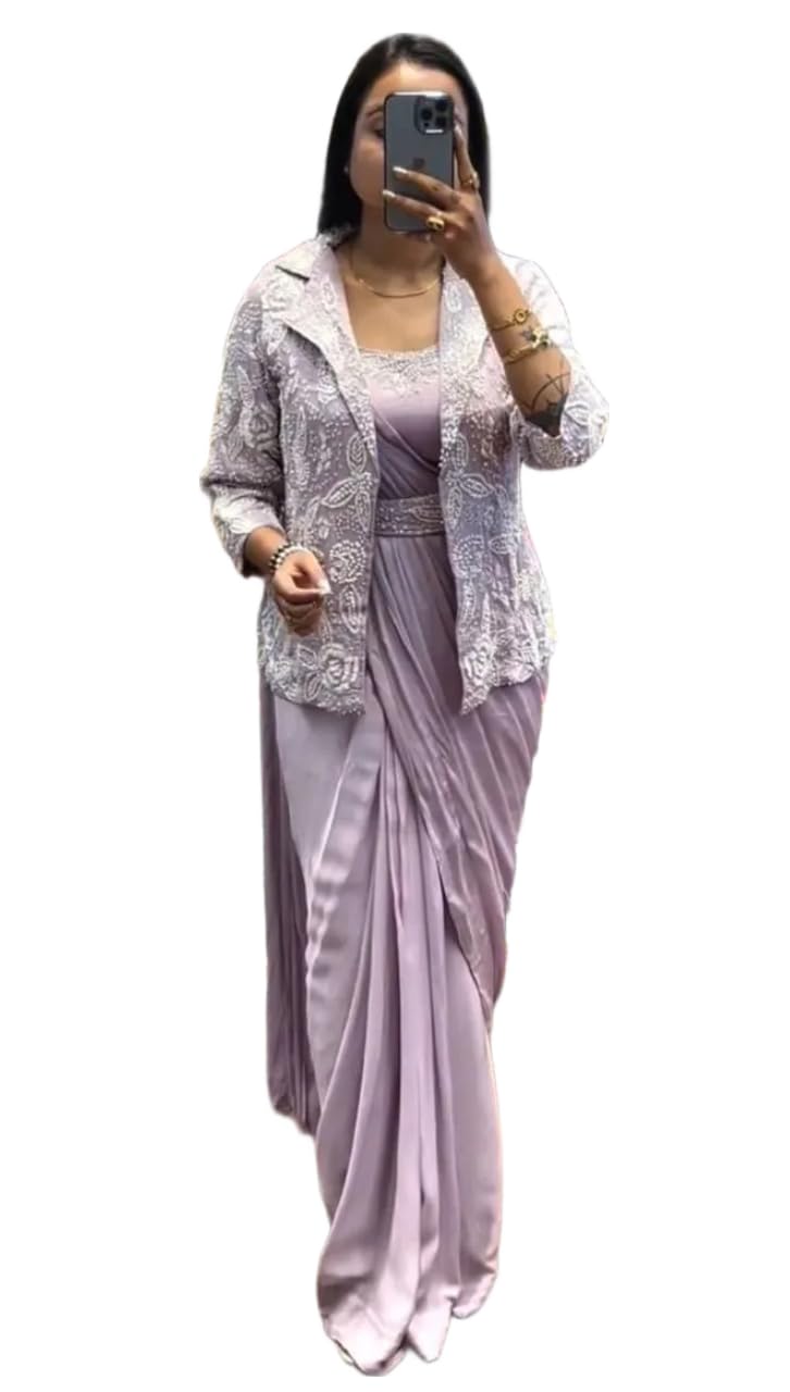 Ready to Wear Saree Heavy Chinon Fabric with Embroidery Sequence Work Full Koti Jacket Stitched Blouse Chinon Fabric with Embroidery Belt-image-31