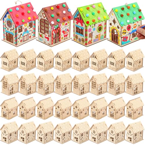 DoubleFill 24 Pcs Wood Gingerbread House Craft Kit for Kids DIY Wooden Christmas Birdhouse Craft Kits Holiday Village Houses Make a Gingerbread Wooden House for Xmas Party Game Craft Supplies