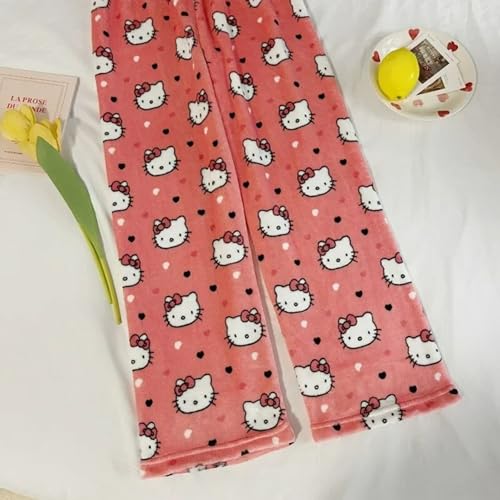 Image of BIUGNVW Anime Pajamas Pants Women Cartoon Family Christmas Pajama Pants Kawaii Flannel Pajama Pants Black and Pink