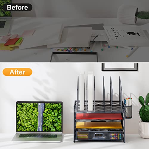 Image of Marbrasse Desk Organizers, 4-Tier Mesh Desk File Organizer with 5 Vertical File Holders and 2 Pen Holders, Multifunction Desktop Organizer,Desk Organizers and Accessories for Home Office (Gray)