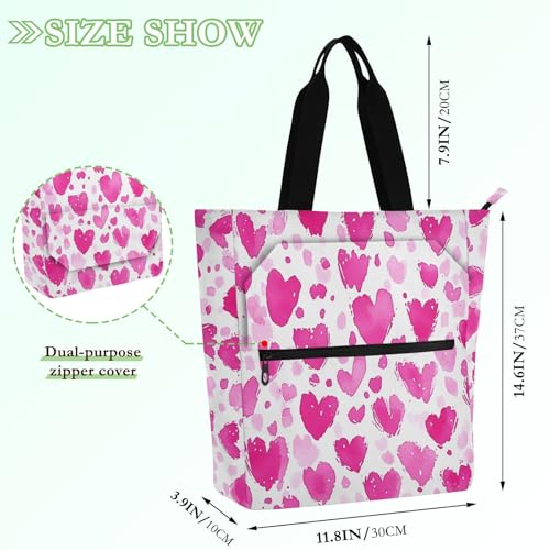 Pink Love Heart Tote Bag for Book Lovers Reusable Bags with Zipper Pocket for School Work Shopping2