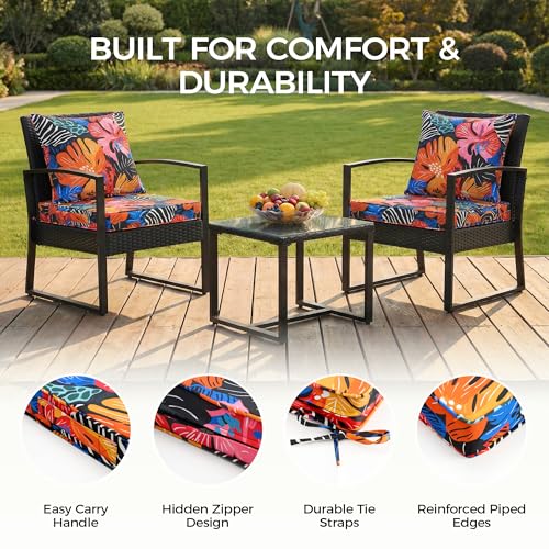 Image of UNIKOME 19 inchx19 inchx3 inch Outdoor Chair Cushions Set - Waterproof Patio Cushions for Outdoor Furniture with Removable Cover, Ties & Handle, Deep Seat Patio Cushions for Sofa Couch - Colorful Floral
