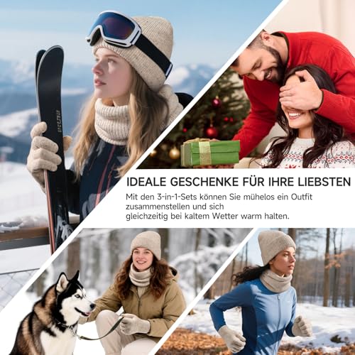 Damen Winter Set - Beanie Mütze, Loop Schal & Touchscreen Handschuhe - Fleece gefütterte 3er Set für extreme Wärme - Weiches Winteraccessoires Geschenke