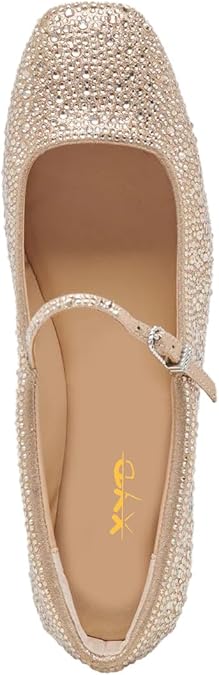 XYD Women Dazzled Crystals Ballet Flats Square Toe Strap with Buckled Mary Jane Dating Dress Shoes