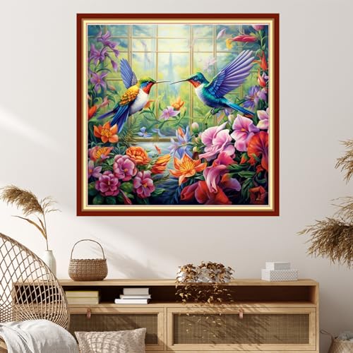 Image of Dimxvean Stamped Cross Stitch Kits,Cross Stitch Kits for Adults Beginners,Embroidery Kits Full Range of Cross Stitch Stamped Kits Needlepoint Kits Cross Stitch Patterns-Hummingbird Flowers 18x18 inch