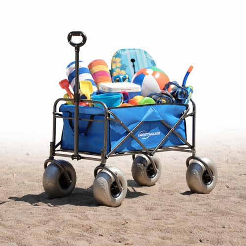 CRESTWALKER Beach Wagon with Big Wheels for Sand, Collapsible Folding Cart with 10'' Balloon Tires, Heavy Duty 330lbs Capacity