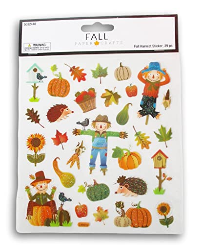 Fall Autumn Harvest Woodland Scarecrow Stickers - Glitter Adhesive Decals for Crafts & Scrapbooks - 29 Pieces