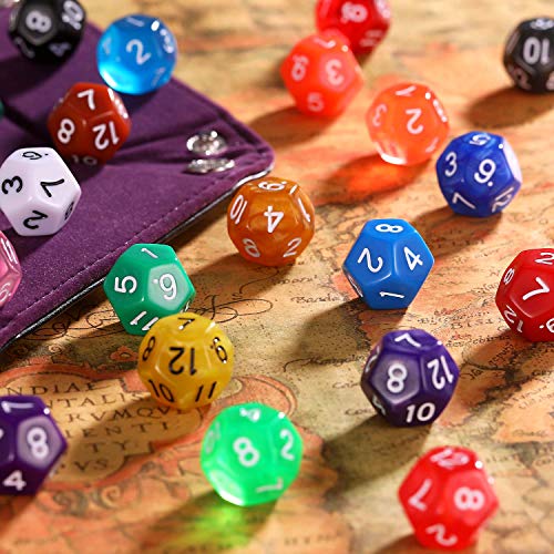 Tecunite 25 Pieces Polyhedral Dice Set With Black Pouch Compatible With Dnd Rpg Mtg And Other Table Games With Random Multi Colored Assortment (Assorted Color, 12 Sides) #TOP6