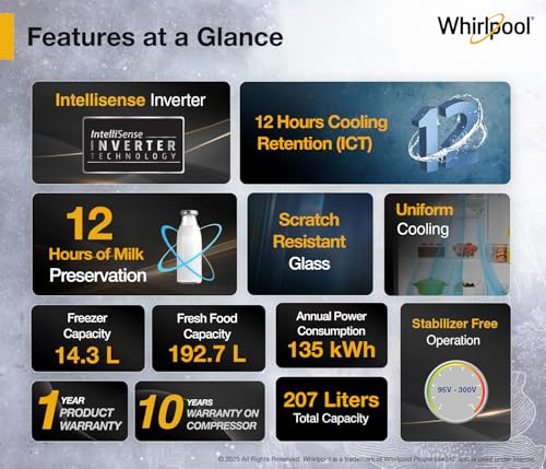Image of Whirlpool 207 L 5 Star Icemagic Pro Inverter Glass Door Direct-Cool Single Door Refrigerator (230 IMPRO GD PRM 5S Inv CRYSTAL BLACK)