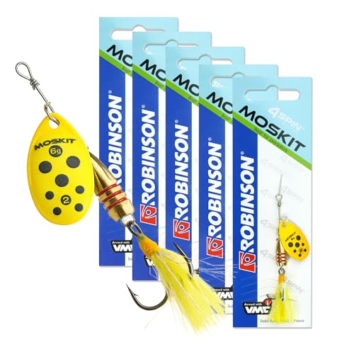 ROBINSON Spinner Angelköder 5er Set mit intensiven Vibrationen & breitem Spinnerblatt - VMC-Drillingshaken & Reizfaden Kunstköder für Hecht Barsch & Forelle (Black Tracks Größe 2 (6g) - 5 Stück)