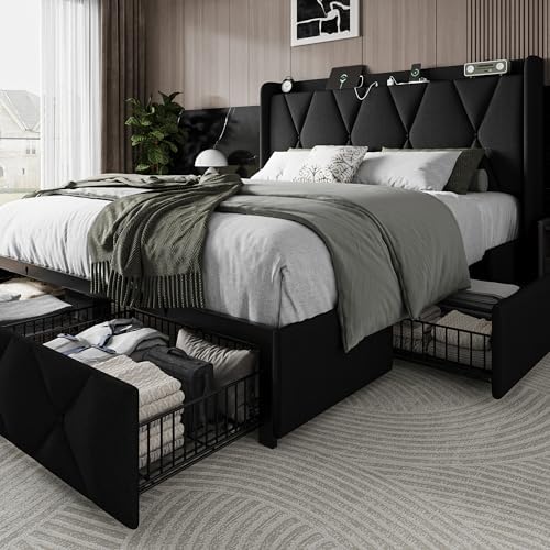 Queen Bed Frame with 4 Storage Drawers and Charging Station, Upho...