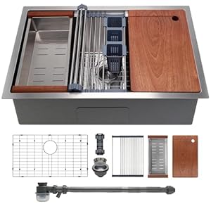 32″ x 19″ Multifunctional Undermount Workstation Kitchen Sink S304 Stainless Steel Handmade Modern Single Bowl Kitchen Sink with Accessories and Integrated