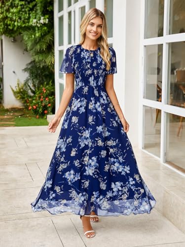 Image of Simplee Womens Casual Floral Summer Maxi Dress 2026 Boho Flowy Short Sleeve Crew Neck Vacation Smocked Chiffon Dresses