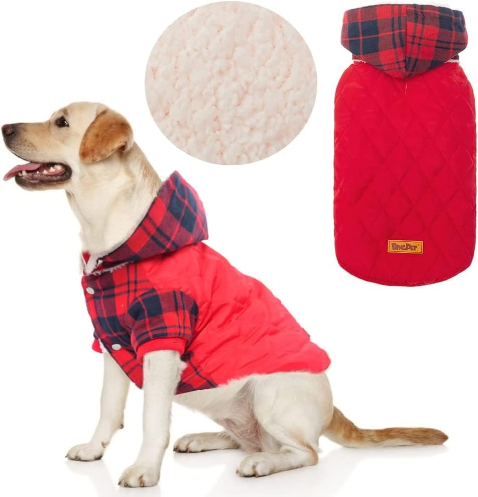 BINGPET Dog Thicker Winter Coat - Classic Plaid Fleece- Cold Weather Clothes with Detachable Hat Pet Warm Thicker Fleece Oufit for Small…