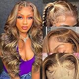 ELEGANT QUEEN Highlight 24 Inch Ombre Lace Front Wig Human Hair 13x4 HD Transparent 4/27 Honey Blonde Lace Front Wigs Human Hair Pre Plucked With Baby Hair Body Wave Glueless Wig Human Hair