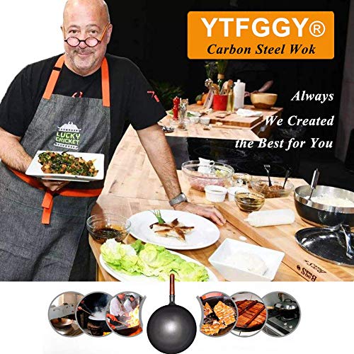 Carbon Steel Wok, YTFGGY Wok Pan for Gas Stoves - 12.6“ Woks and Stir Fry Pans - Traditional Chinese Japanese Iron Woks (Lid, Spatula Included)