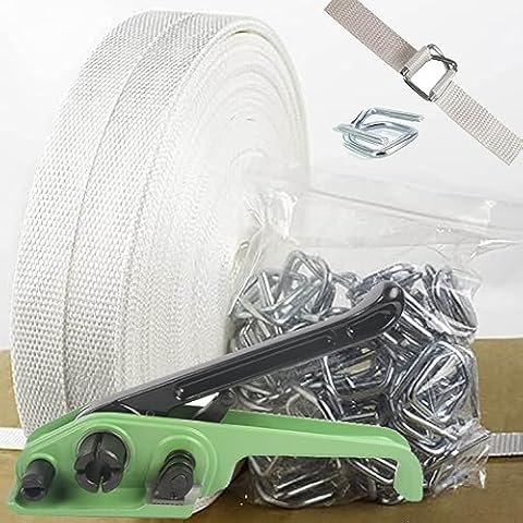 Banding Strapping Kit, Woven Cord Pallet Packaging Tool, Upgraded Strapping Tensioner Tool, 3/4" x 330' Woven Cord (2400 LBS Break Strength), 100pcs Metal Buckles and Woven Cord Roll Cover