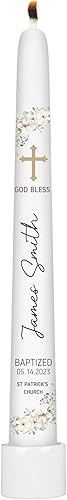 Baptism Taper Candle, Personalized Taper Candles, Unscented White Premium Wax, Great for Religious Celebration, Christening, Special Events or Gift