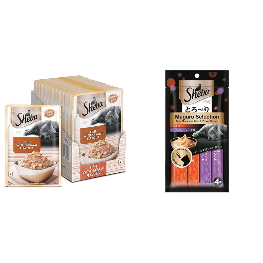 Sheba Premium Wet Food for Adult Cats, Fish & Sasami Flavour, 12 Pouches (12 x 35g)&Sheba Melty Maguro Selection Treats for All Life Stages Cats, Tuna Flavour and Tuna & Prawn Flavour, 4 Sticks, 48g-image-34