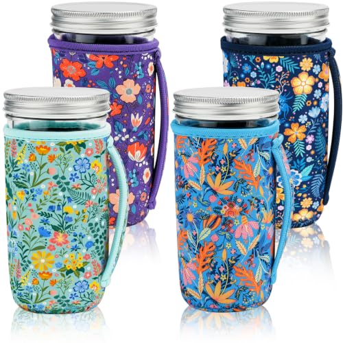 KJQJLY 4 Pcs Mason Jars Sleeves Neoprene 24oz Regular and Wide Mouth Mason Jar Sleeves Holder with Handle (Flowers 24 OZ)