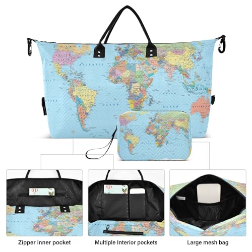 OTVEE Travel Bag Set Colored World Map Quilted Gym Duffel Bag Overnight Weekender Bags2