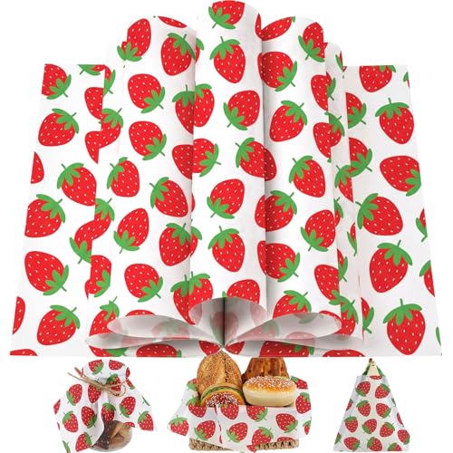 150 Sheets Strawberry Wax Paper For Food Deli, 9.8 X 8.3'' Preppy Strawberry Patterns Greaseproof Sandwich Wrapping Paper For Picnic Basket Liner Summer Birthday Party Supplies