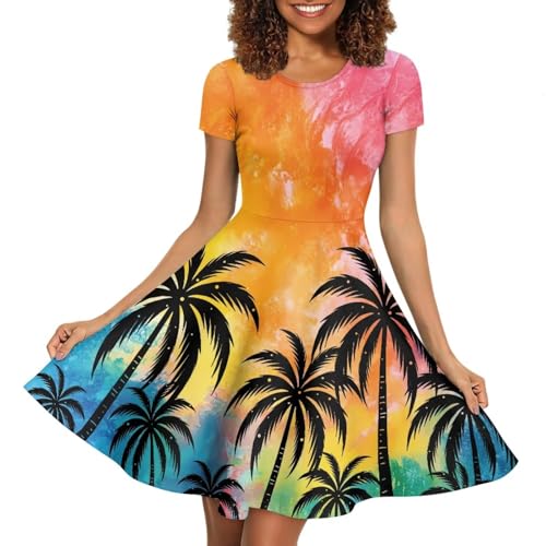 Image of HUGS IDEA Womens Puffy Swing Midi Dress Round Neck Short Sleeve Party A-Line Dresses