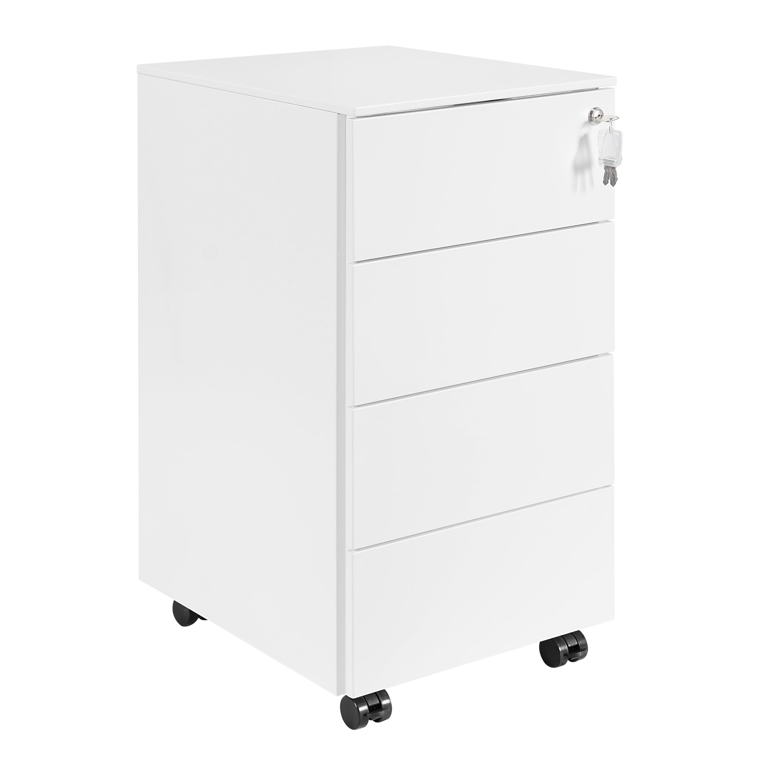 Rollcontainer mit Schubladen, Mobiler Aktenschrank unter Schreibtisch, Abschließbarer Büroschrank, Druckertisch, 4 Schubladen 4 Schlüssel, Vormontiert, Büro, Homeoffice, Weiß