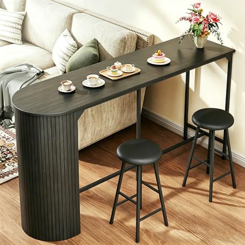 Fluted Bar Table and Chairs Set 55 Long Bar Tables with 2 Stools 3 Piece Counter Height Dining Table for 2 Space Saving Kitchen Table for Bar Dining Room Kitchen Breakfast Nook Corner Black