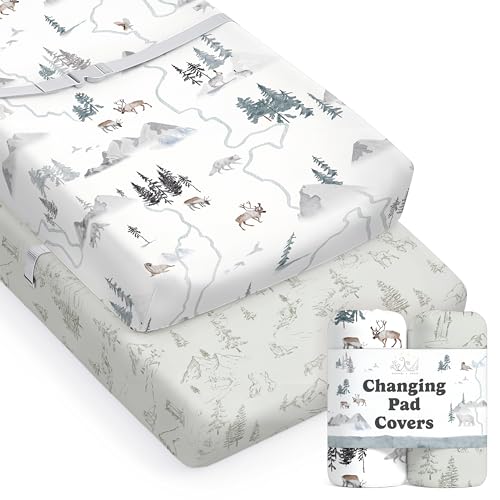 Image of Baby Changing Pad Cover 2-Pack for Boys, Girls (Arctic Journey) - Premium Fitted Sheets Baby Diaper Changing Table Cover - Buttery Soft Cotton Blend