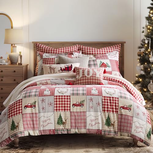 Levtex Home - Home for Christmas Duvet Cover Set - King Duvet Cover (106 x 94in.) + Two King Pillow Cases (36 x 20in.) - Patchwork - Green Red Taupe and Cream - Cotton
