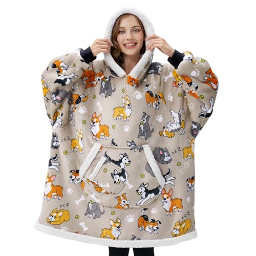 Image of Giggling Getup Wearable Blanket Hoodie for Adults Gifts for Teen Girls Sister Women Sherpa Fleece Printed Hooded Blanket Sweatshirt Warm Cozy with Pocket & Sleeves Grey Dog