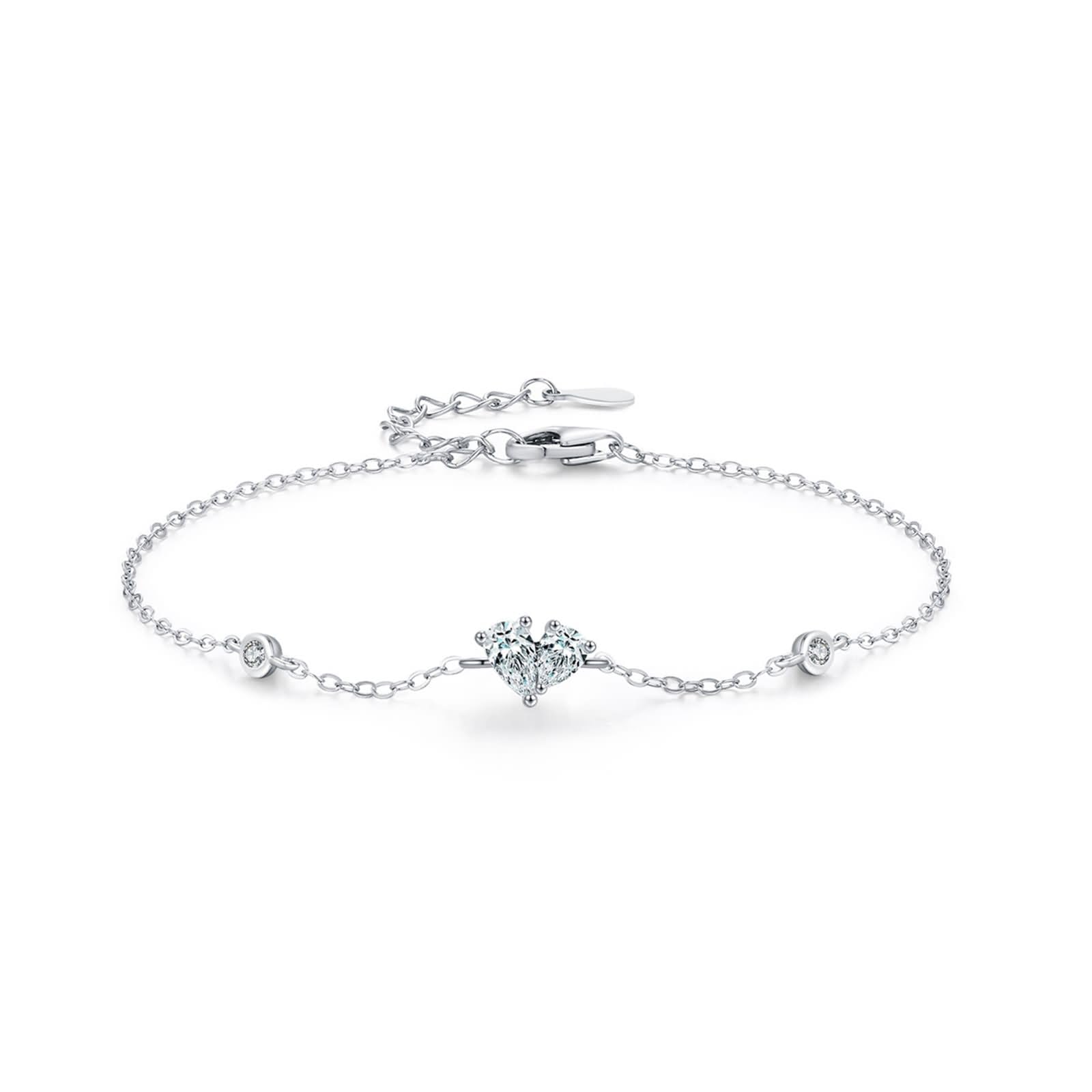 Pulsera Oro Blanco 9K / 14K / 18K Mujer, Corazón y Gota de Agua con Diamante Creado de 0,25 ct, Cadena Extensible 16 CM + 5 CM, Pulseras Mujer Ajustable Plata