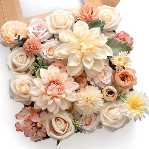 Mocoosy Surtido Seda Flores Artificiales, Flores sintéticas Mixtas Rosas peonía Dalia con Tallo para DIY artesanales Ramos de Boda,centros de Mesa,Flore de Pastel,arreglos decoración de hogar Fiesta
