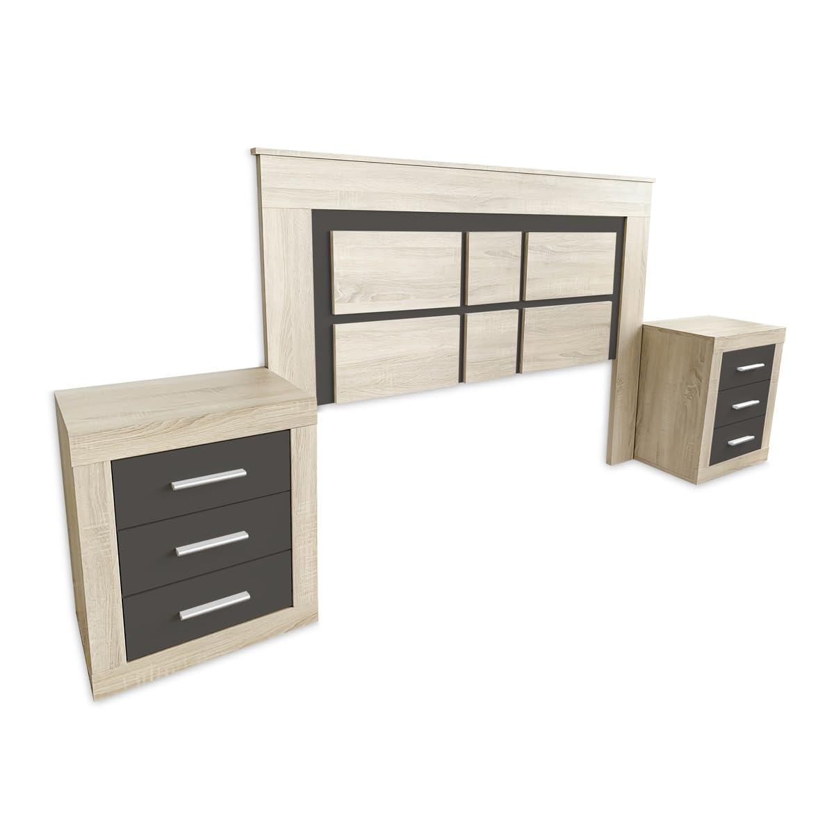 amuéblate online - Pack Cabecero Nórdico Indiana de 160 x 120 cm + 2 Mesitas de Noche | Diseño Práctico y Elegante | Colores Cambria y Grafito (para Cama de 135-140 o 160)
