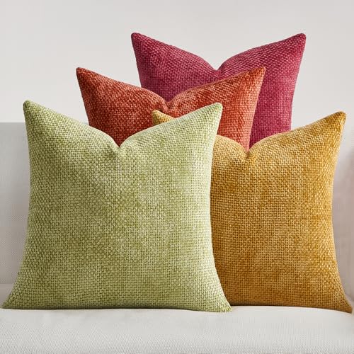 Topfinel Kissenbezug 60x60 Kissenbezüge Gelb Orange 4er Set Chenille Kissenhülle Sofakissen Dekokissen Zierkissenhülle Dekokissenbezug Rattan Webstil Design für Sofa Wohnzimmer Schlafzimmer Balkon