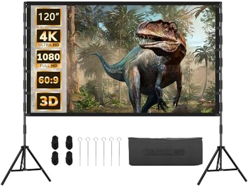 Tela do Projetor 120 Polegadas, Tela de Projeção com Suporte de 120 Polegadas, Tela de Projeção Portátil 16:9 4K HD Traseira de Projeção de Filmes, Usado para Telas de Projetores Internos e Externo...