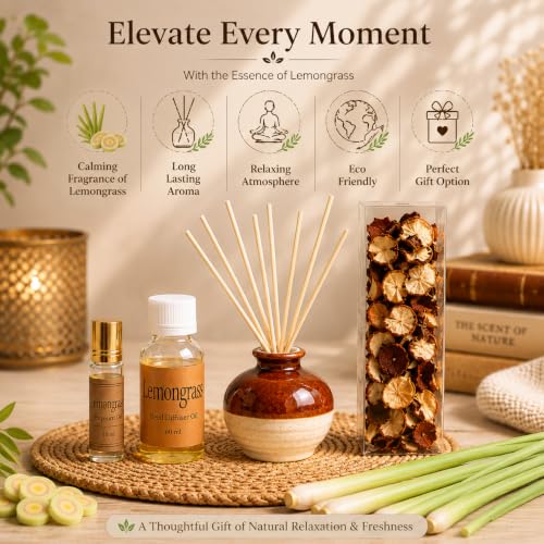 Image of AuraDecor Reed Diffuser Gift Set with Potpourri, Fragrance Oil & 6 Reed Sticks | Air Freshener for Living Room, Bedroom & Office | Decorative Aroma Diffuser Gift Set (Lemon Grass RD 10)