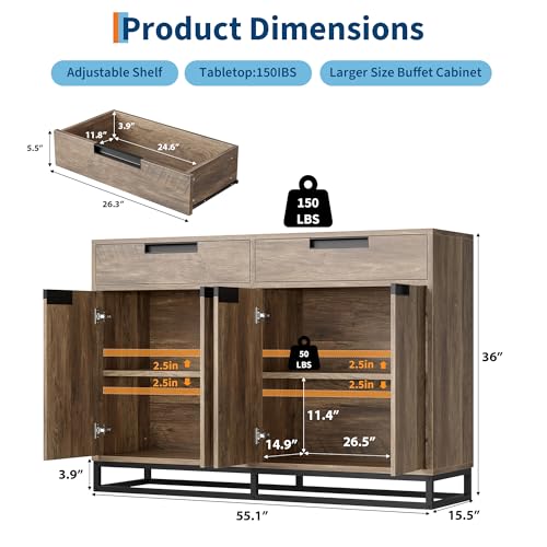 GarveeHome Sideboard Buffet Cabinet, 55" Large Kitchen Accent Modern Storage Cabinet with 2 Drawers and 4 Doors, Coffee Bar Buffet Table for Kitchen, Dining Room (Vintage)
