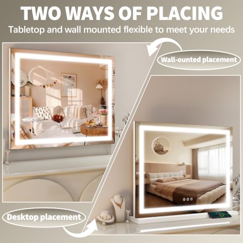 Image of FENNIO 23 inch x 18 inch Vanity Mirror with Lights,LED Makeup Mirror,Hollywood Mirror with 3 Color Modes & Adjustable Brightness,Vanity Mirror Square White
