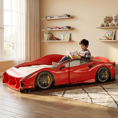 Image of Alex Daisy Kids Racing Car Bed with Front Bookshelf | Engineered Wood Toddler Bed for Boys & Girls | Sports Car Design | Fits 140 x 70 cm Mattress | Child Bed Up to 8 yr or 50 kgs (with Mattress)