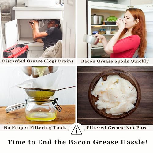 Image of Ayerphalo Bacon Grease Container with Strainer - With Food-Grade Silicone Spatula, 24oz Enamel Rustic Farmhouse Fat Container, Keeper, Recipes, Dishwasher Safe