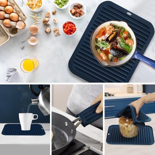 Image of Silicone Mats for Kitchen Counter, 9x12'' Trivets for Hot Pots and Pans, Navy Blue Silicone Trivets for Hot Dishes, Protect Table Quartz Countertops