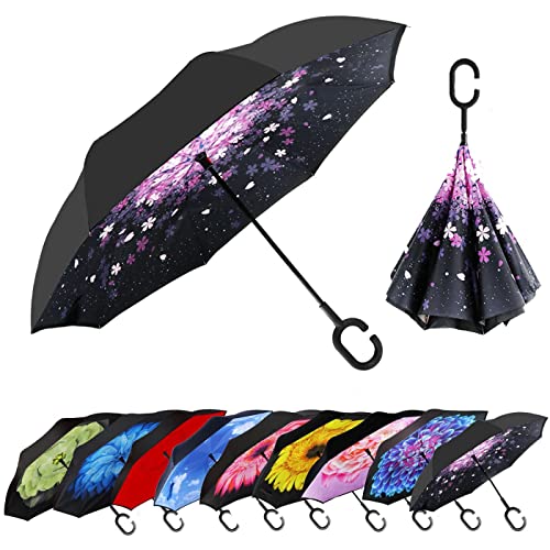 Image of MRTLLOA 40 /49 /56 Inch Oversize Windproof Inverted Reverse Upside Down Umbrella, Golf Size Rain Umbrella, Double Layer, C-Shaped Handle for Men, Women and Kids (Pink Sakura, 49 Inch)
