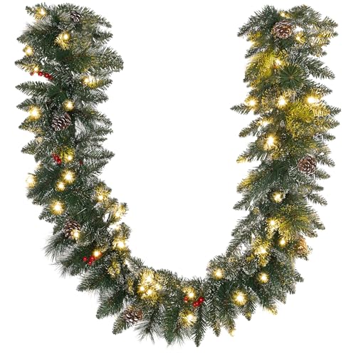 HOMCOM Ghirlanda Natalizia da 1.80 m con 50 Luci LED Bianche, Timer da 6h e Decorazioni, Ghirlanda Luminosa in Plastica e Metallo, 180x30x30 cm, Verde
