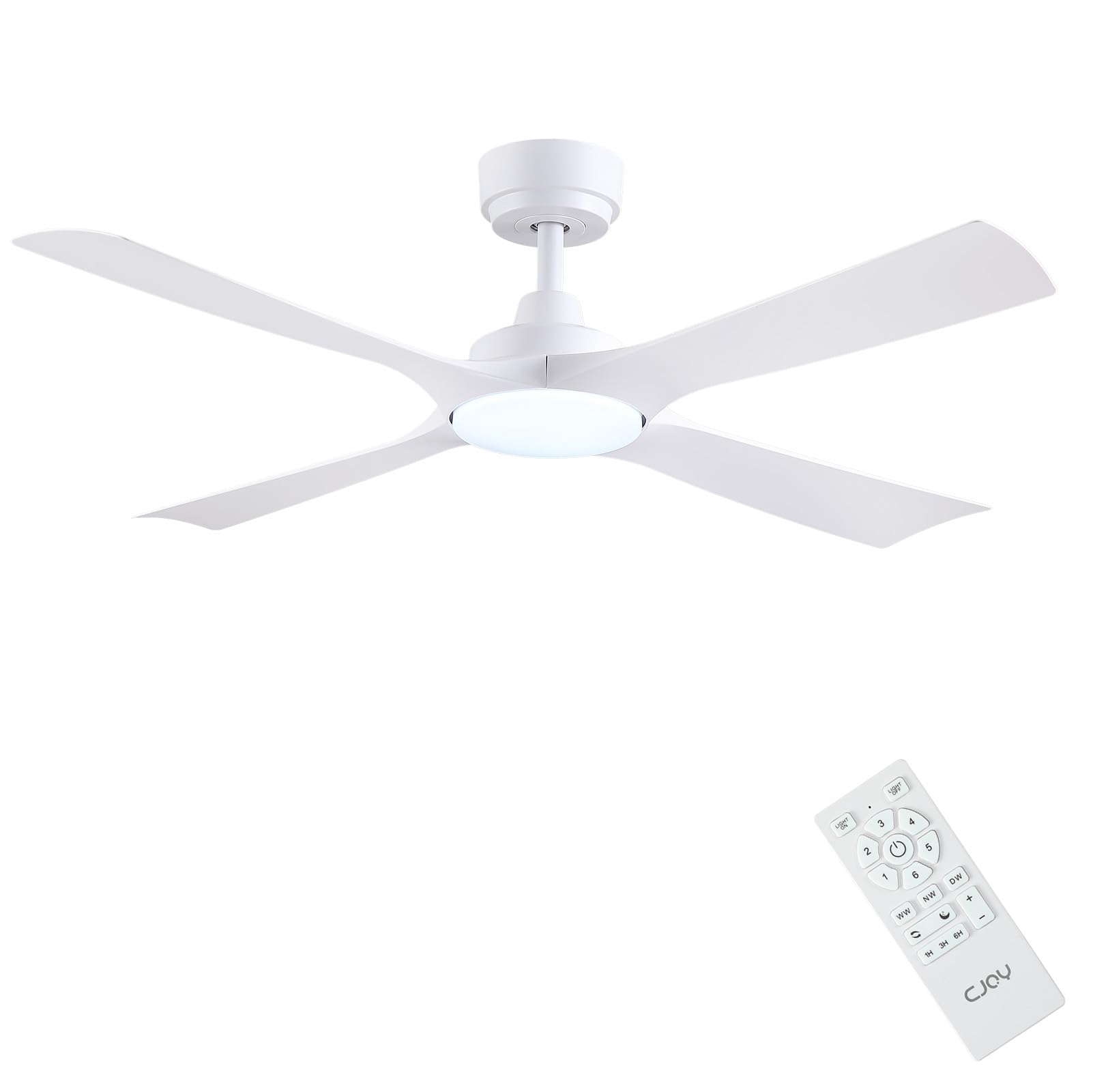 CJOY Ventilador de Techo 122 cm, Ventilador de Techo con Luz Silencioso y Mando Blanco 4 Aspas, Reversible CC, 6 Velocidades, LED Regulable, Temporizador, Para Dormitorio/Salon