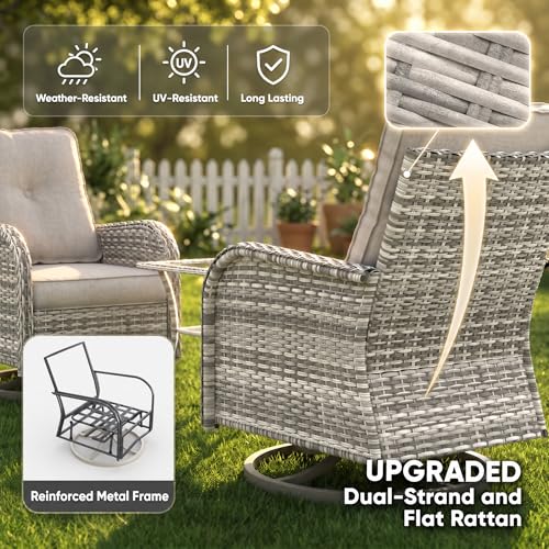 Image of 7-Piece Small Patio Furniture Set, Outdoor Swivel Rocking Chairs Set with 55,000 BTU Fire Pit Table Wicker Chairs and Tempered Glass Side Table, Patio Bistro Set for Balcony, Deck, Porch